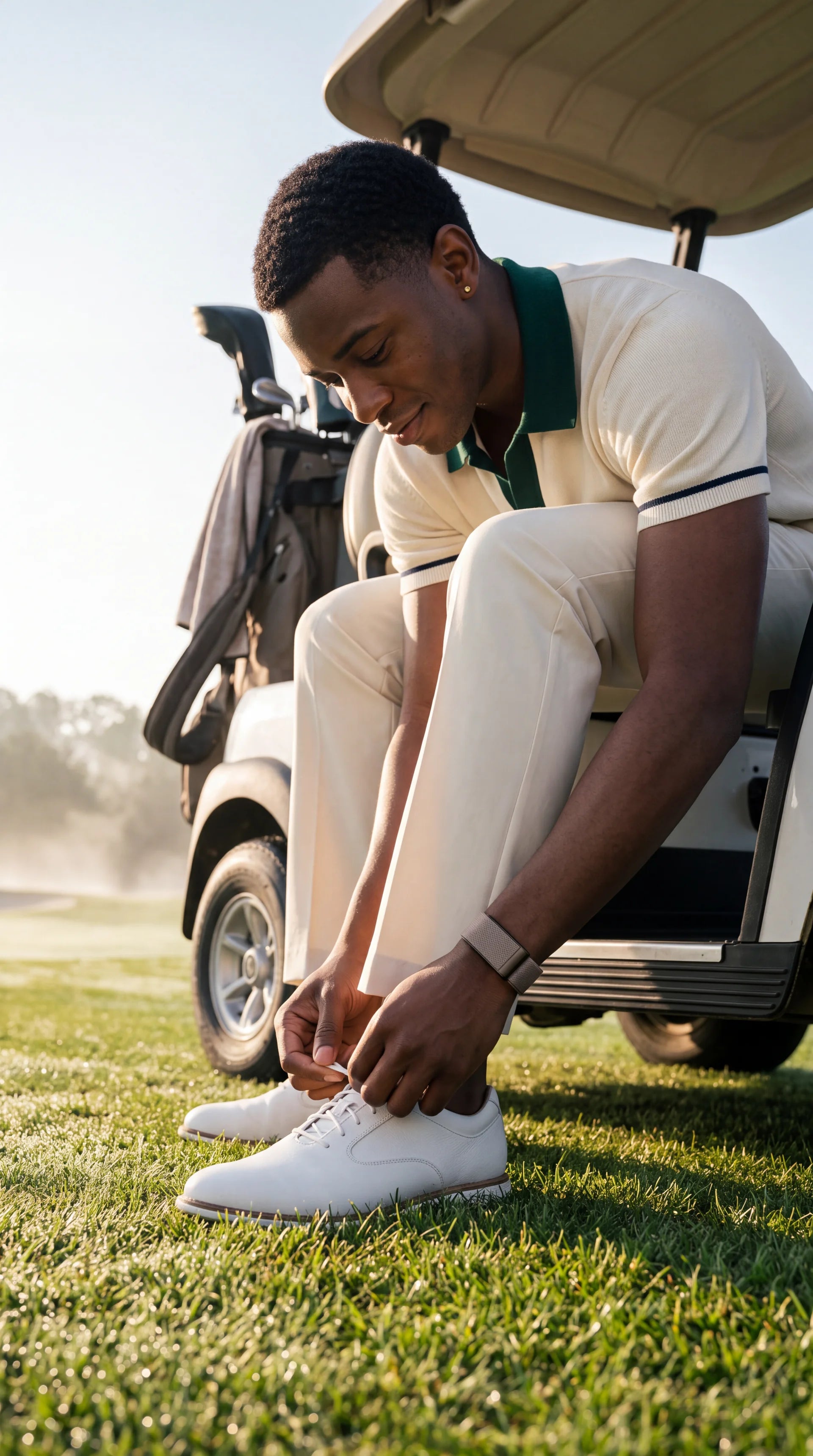 Golfeur laçant ses chaussures au bord d'une voiturette, bracelet QUIETUDE taupe au poignet