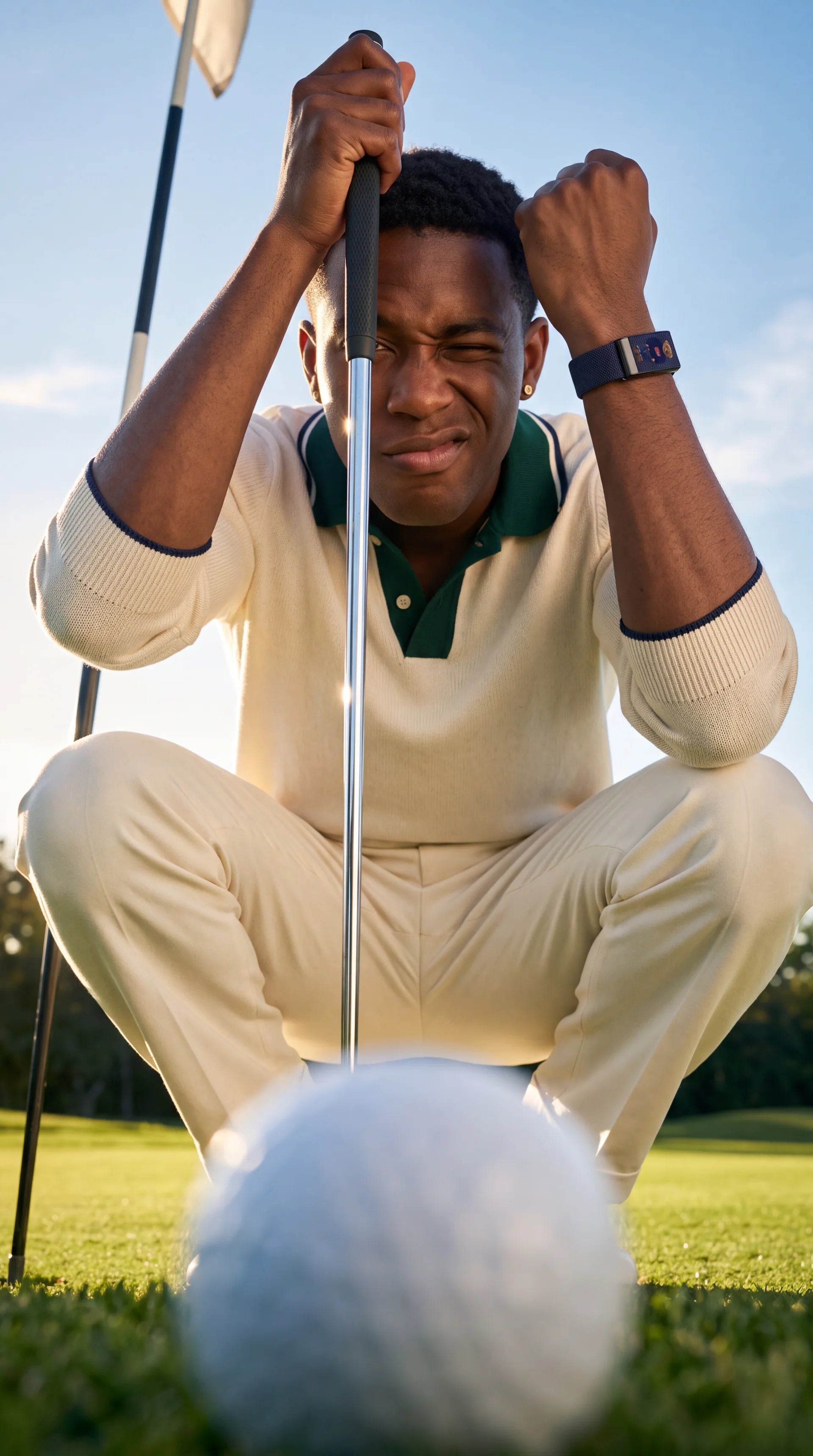 Golfeur accroupi appuyé sur son putter, bracelet QUIETUDE bleu marine au poignet